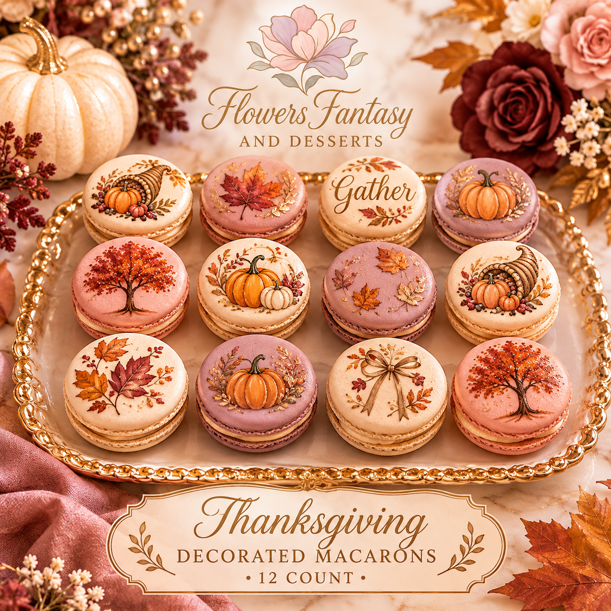 Thanksgiving Decorated Fall Macarons - 12 Count