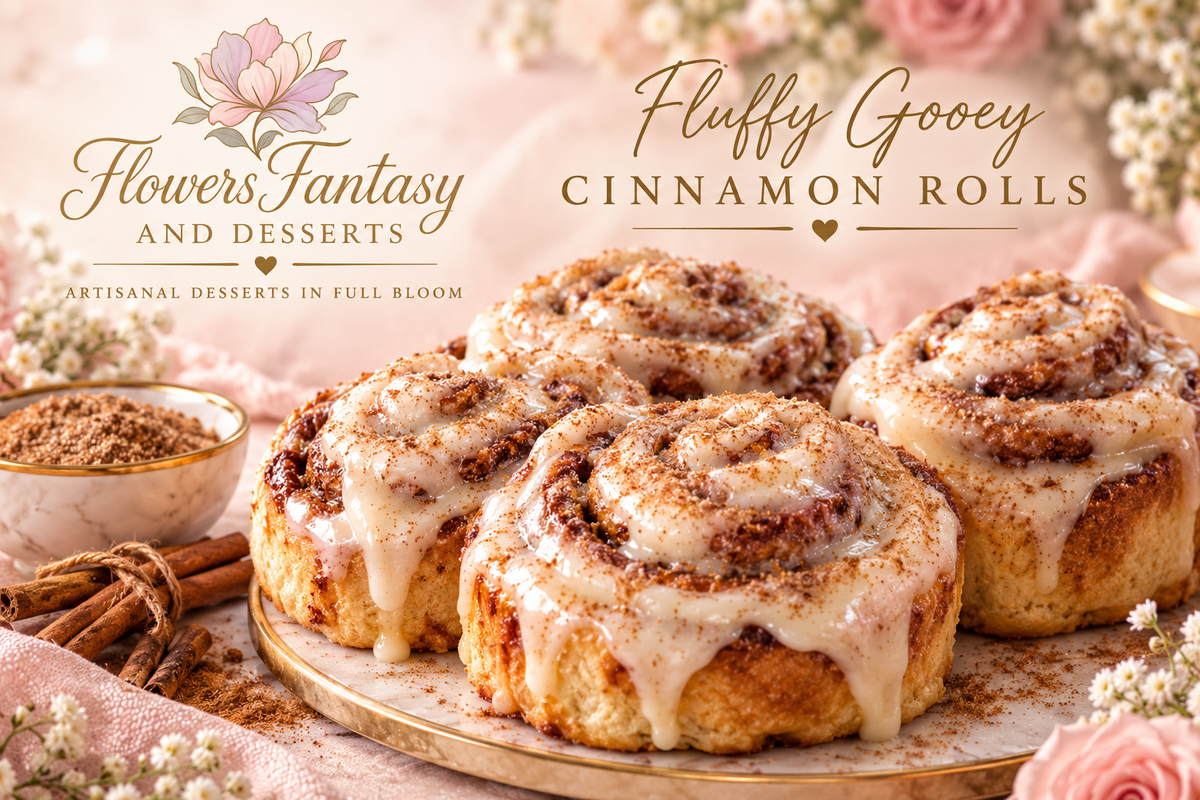 Iced cinnamon rolls on a platter with Flowers Fantasy and Desserts branding.