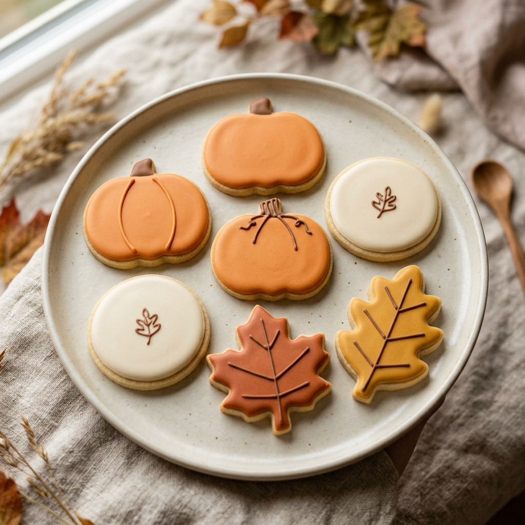 Illustrative Thanksgiving cookies with simple pumpkin and autumn leaf icing designs