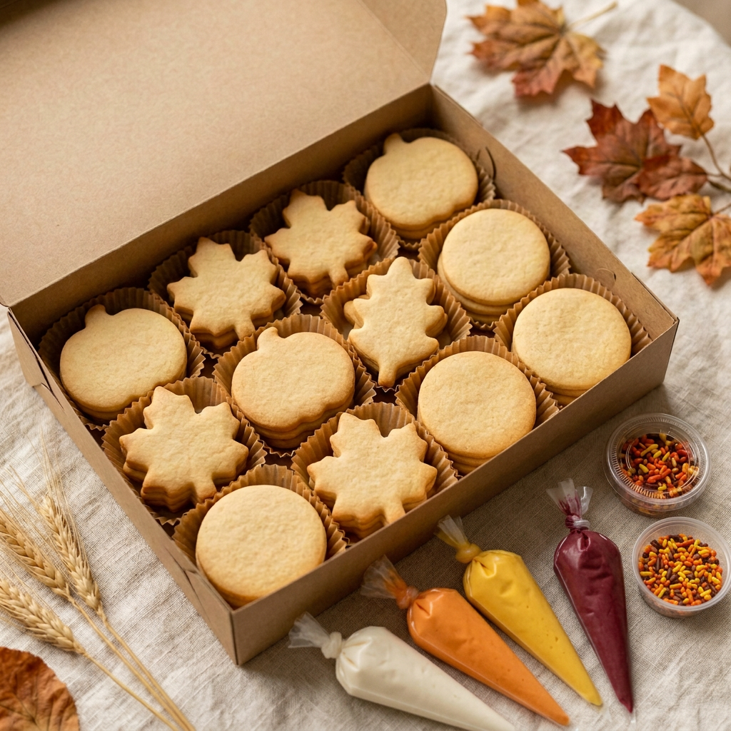 Illustrative undecorated Thanksgiving cookie kit with royal icing piping bags and autumn sprinkles