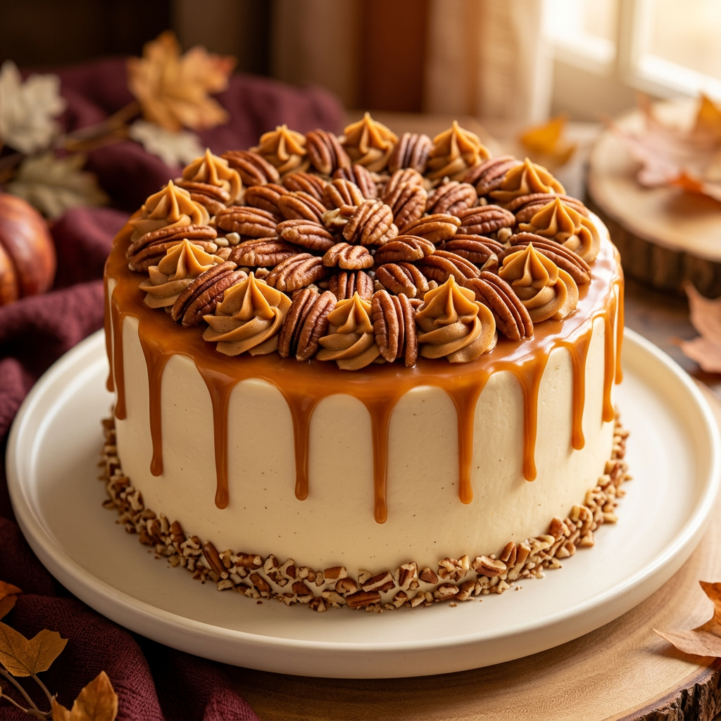 Illustrative butter pecan layer cake with vanilla buttercream, caramel drizzle and toasted pecans
