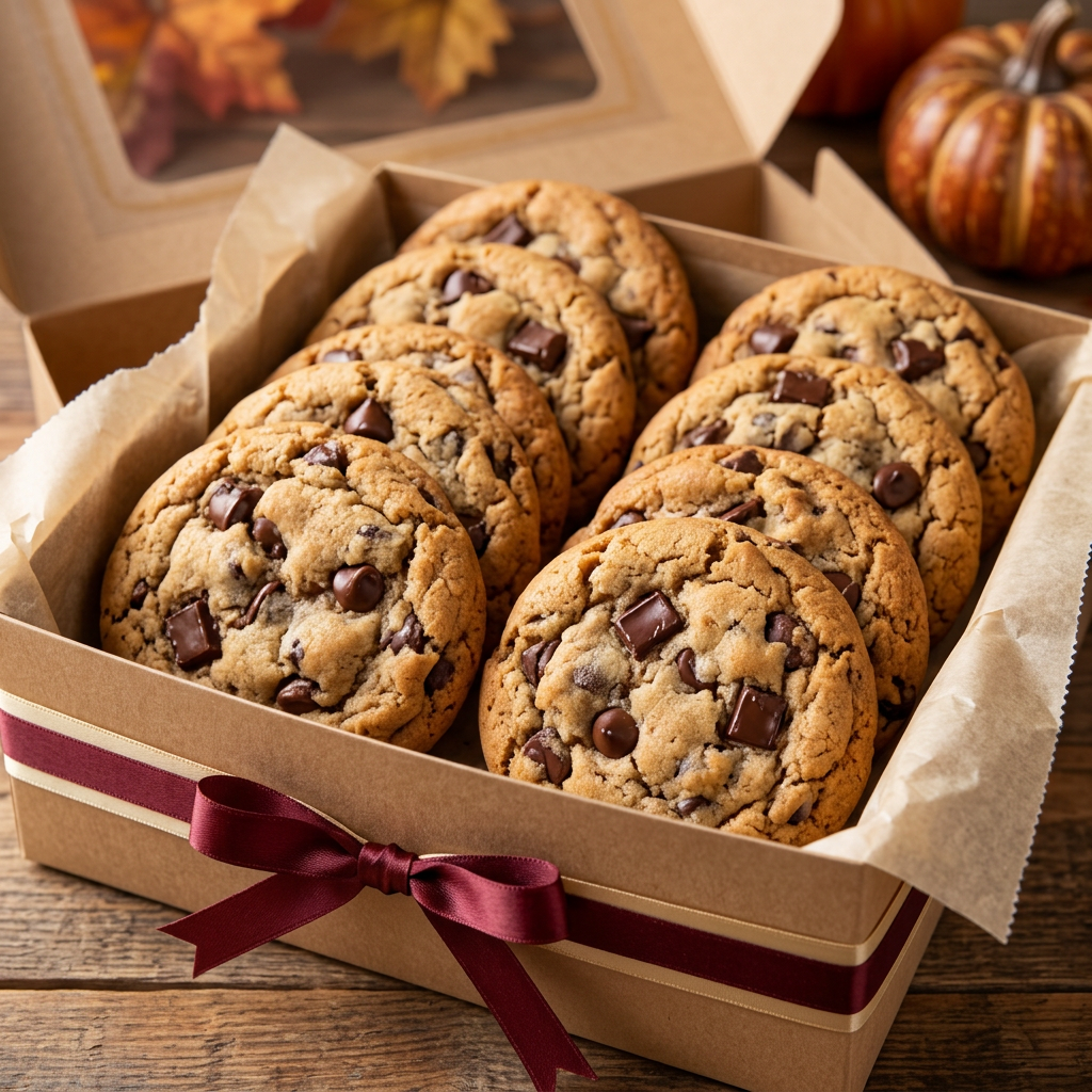 Illustrative Thanksgiving gift box of thick chocolate chip cookies with burgundy ribbon