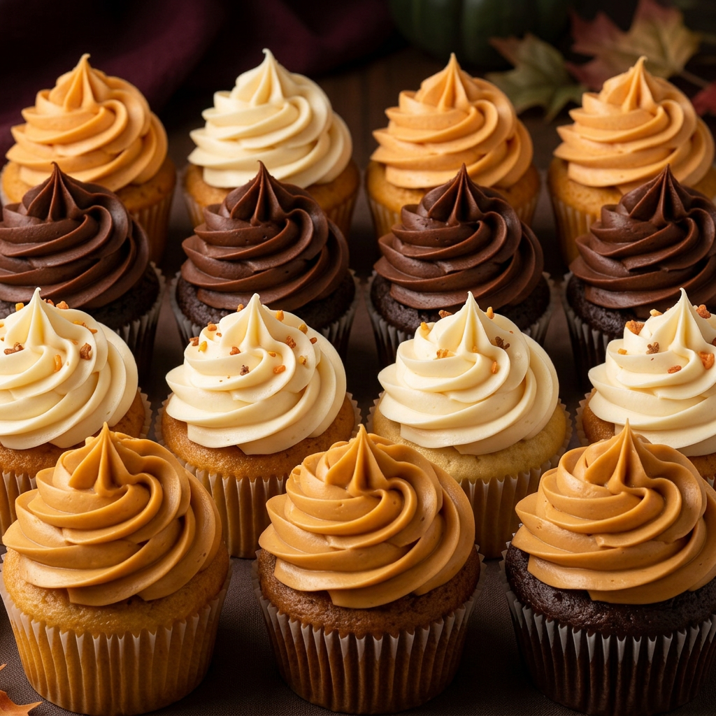 Illustrative seasonal cupcakes with tall buttercream swirls in chocolate, caramel, ivory and pumpkin tones