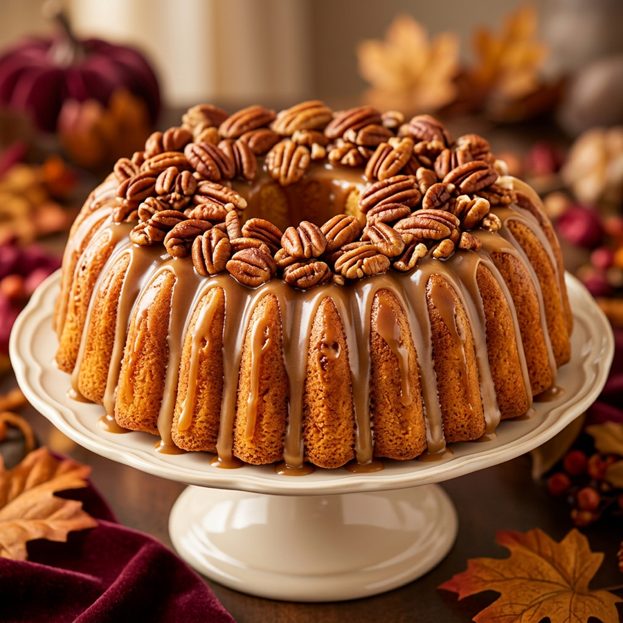 Illustrative butter pecan Bundt pound cake with pecan glaze and pecan topping