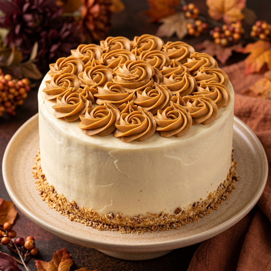 Illustrative pumpkin spice layer cake with ivory buttercream and brown piped rosettes
